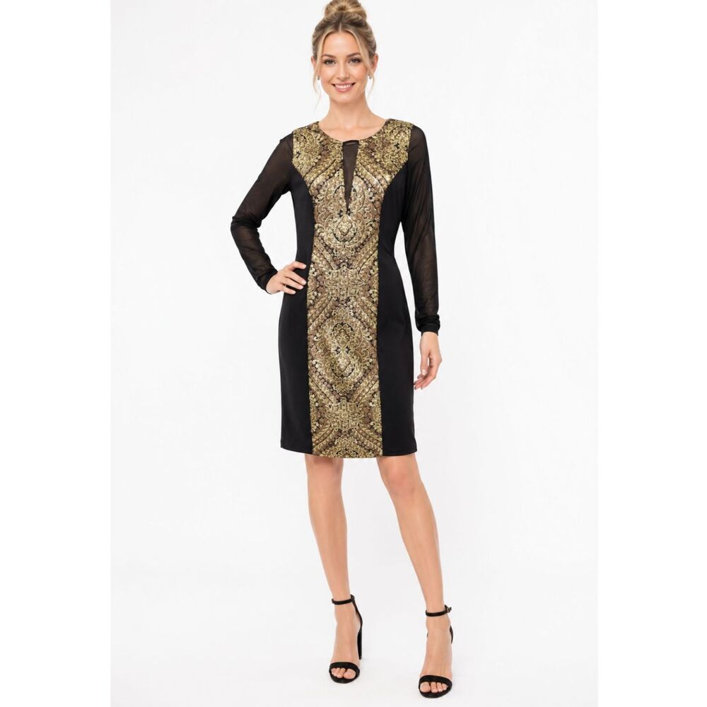 Alberto Makali Gold Sequin Sheer Sleeve Knee Length Cocktail Dress BLACK Sz M